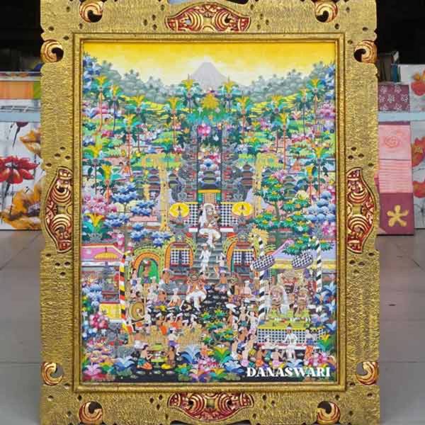 Taksu Nusantara Painting is a work of art using the Acrylic on Canvas technique that depicts the rich culture of Bali through extraordinary detail. Every stroke of color and texture on the canvas displays the beauty of Balinese traditions, from distinctive ornaments such as Balinese carvings and traditional clothing to ritual dances rich in spiritual symbolism. This painting not only visualizes but also conveys the peaceful, sacred atmosphere and natural warmth of Bali. Taksu Nusantara Painting-DSW4-1351