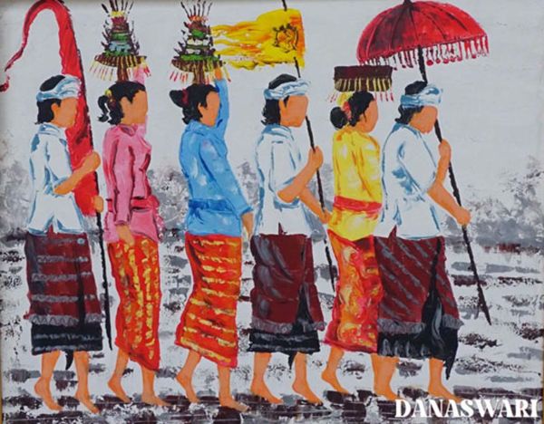 This painting of the Balinese people performing the Melasti ceremony beautifully captures the grandeur of tradition and cultural richness, with detailed traditional attire and complete ceremonial accessories. This artwork is perfect for home decor, bringing a deep spiritual and cultural atmosphere into your space