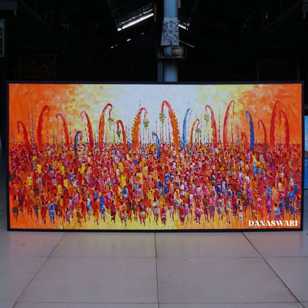 The sacred atmosphere of the Melasti prayer ceremony in Bali is beautifully captured in this artwork, bringing peace and serenity to every stroke. The Balinese community, adorned in traditional attire and complete with ceremonial offerings, is depicted with deep reverence in this meaningful ritual. This painting is perfect as home decor, infusing your space with a spiritual touch and a sense of tranquility