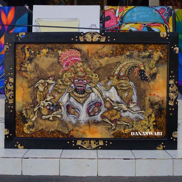 Balinese Barong painting is a traditional art form originating from Bali, Indonesia, that depicts the Barong, a mythological creature and symbol of protection in Balinese culture. The Barong is considered the king of spirits, often portrayed as a lion-like figure with an elaborate mask and a furry body, representing the force of good in the eternal battle between good and evil.