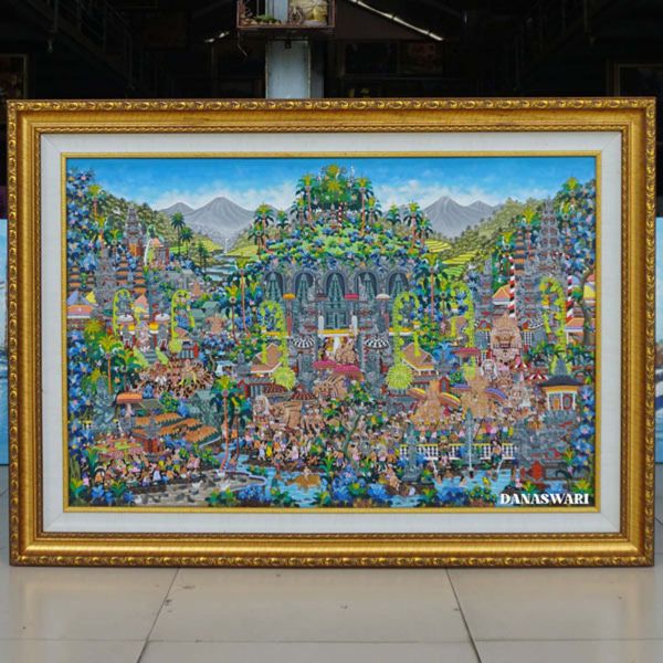 This painting showcases the mesmerizing view of Balinese rice terraces with majestic mountains in the background. I Ketut Soki, a renowned Balinese artist, uses a soft color palette and meticulous detailing to capture the lush and fertile beauty of Bali's natural landscapes.
In the foreground, farmers are depicted working in the rice fields, reflecting the daily life of Bali's agrarian society. Some farmers are planting rice while others are harvesting their crops. In the distance, a small temple situated in the middle of the fields signifies the profound connection between nature, work, and spirituality in Balinese culture. Balinese Traditional Painting-DSW4-1280