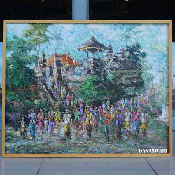 Spirit of Bali: This exquisite Balinese painting captures the rich cultural heritage and vibrant spirit of Bali. With its intricate detailing and vivid colors, the artwork depicts a traditional Balinese ceremony, showcasing the elaborate costumes and graceful movements of the dancers. The use of gold and earthy tones enhances the mystical and sacred atmosphere, inviting viewers to immerse themselves in the enchanting world of Balinese traditions. Through its detailed craftsmanship and cultural symbolism, the painting celebrates the beauty and depth of Bali’s artistic heritage Balinese Painting-DSW4-1282