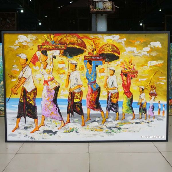 Melasti Ritual: This vibrant painting depicts the sacred Balinese Melasti ceremony, where worshippers gather at the ocean to purify themselves and their religious objects. The intricate details and rich colors convey the deep spiritual significance of this tradition, celebrating the harmony between humanity and nature. The painting invites viewers to immerse themselves in the cultural richness and spiritual depth of Bali. Melasti Painting-DSW4-1289