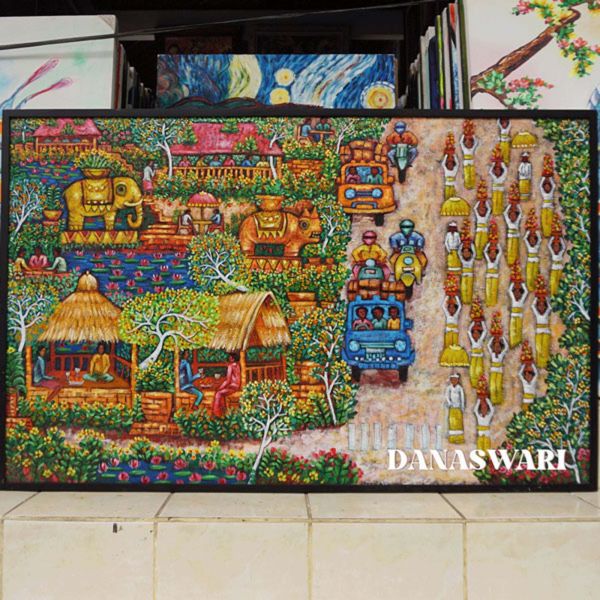 Bali's Daily Tapestry: This painting intricately weaves together the rich cultural traditions and everyday life of Bali. From the rhythmic dance of the waves to the vibrant hues of local ceremonies, each element tells a story of a land where spirituality and nature coexist in harmony. Immerse yourself in the vivid tapestry that reflects the soul of Bali’s timeless beauty. Bali's Daily Tapestray Painting-DSW4-1290