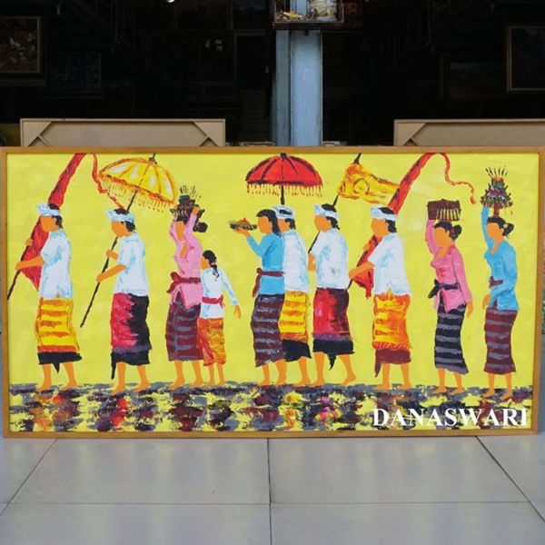 This painting captures the essence of the Melasti ceremony, a sacred Balinese purification ritual held before the Hindu New Year, Nyepi. The procession of devotees, dressed in traditional attire, carries sacred objects to the sea or lake, symbolizing the cleansing of impurities. The vibrant colors and detailed depiction of the ocean waves reflect the harmony between humans and nature, a cornerstone of Balinese spiritual life. This artwork offers a glimpse into the deep cultural and religious significance of the island's timeless traditions. Balinese Melasti Painting-DSW4-1298