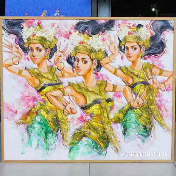 Radiating elegance and tradition, this 'Beautiful Balinese Dancer' painting captures the captivating charm of Bali's cultural heritage. The dancer's intricate costume, graceful posture, and expressive movements reflect the island's dedication to preserving its art and spirit through centuries of storytelling and performance. Beautiful Balinese Dancer-DSW4-1305