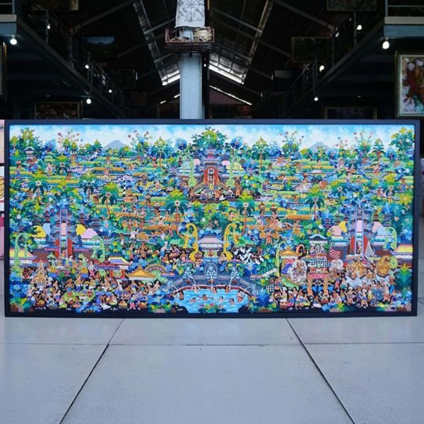 This painting is originally from Bali with the theme of a young artist. This painting shows activities in Bali where Balinese people go to the market in the morning, go to the market and pray at the temple. This painting is perfect for beautifying your home room. Young artist Painting-DSW4-1192