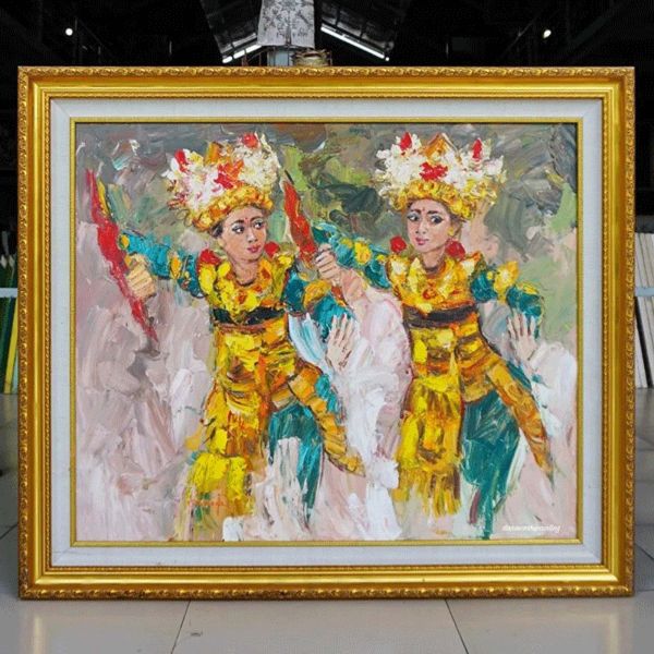 this is balinese dancer painting. Skillfully hand-painted on canvas, this piece showcases a stunning depiction of a traditional Balinese dancer adorned in colorful attire. The artist's attention to detail brings the dancer to life, With its vibrant hues and intricate brushwork, this painting will add an exotic touch to any space. Balinese Dancer Painting-DSW4-1193