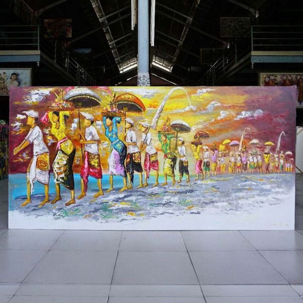 Balinese Tradition Ceremony Painting, featuring the vibrant and captivating essence of Melasti. Inspired by the rich cultural heritage of Bali, this captivating artwork beautifully captures the splendor and mystique of the Balinese Tradition Ceremony. Crafted with meticulous attention to detail, each stroke of this painting brings to life the vibrant colors and intricate patterns that are synonymous with Balinese art. Perfect for art collectors and lovers of Balinese culture, this painting is a beautiful addition to any home or office space. Embrace the essence of Balinese tradition with this remarkable painting, a true testament to the artistic mastery and cultural significance of Bali. Balinese Tradition Ceremony Painting (Melasti)-DSW4-1202