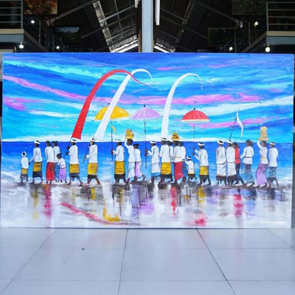 Step into the vibrant world of Balinese tradition with this exquisite painting. Meticulously handcrafted, this artwork encapsulates the rich cultural heritage of Bali. Every brushstroke brings to life the intricate details and vibrant colors that make this piece a true masterpiece. From the traditional motifs to the captivating storytelling, this Balinese painting will instantly transport you to the lush landscapes and mystical rituals of this enchanting island. Adorn your walls with this unique work of art and immerse yourself in the beauty and spirit of Balinese tradition. Perfect for art enthusiasts and collectors alike, this painting is a timeless addition to any home decor. Balinese Tradition Painting-DSW4-1216