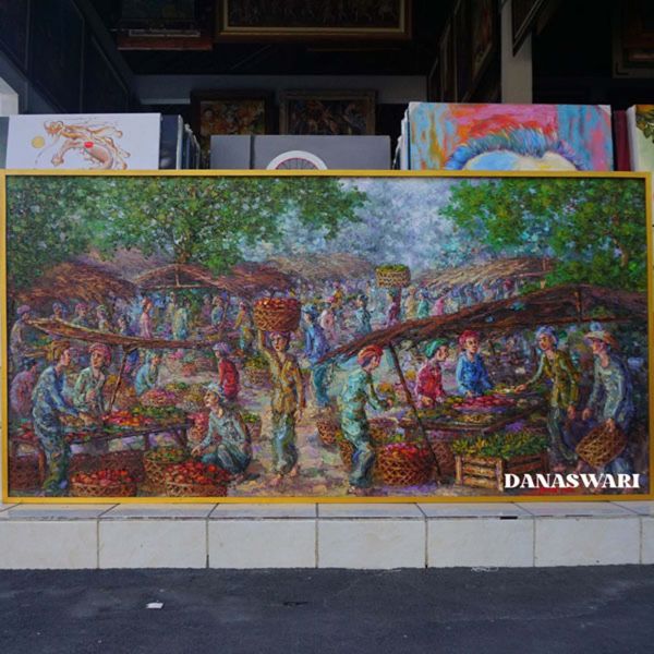 Introduce a touch of vibrant artistry to your space with this stunning Traditional Fruit Market Painting. This captivating artwork captures the bustling energy and rich colors of a bustling fruit market, featuring an array of luscious fruits displayed against a vibrant backdrop. Skillfully hand-painted, each brushstroke brings out the intricate details and textures, creating a visually striking composition. Perfect for adding a pop of color and a touch of tradition to any room, this Fruit Market Painting will surely be a delightful addition to your collection or a thoughtful gift for art enthusiasts and food lovers alike. Traditional Fruit Market Painting-DSW11-1167