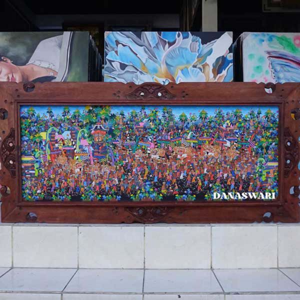 This painting depicts the Barong, a revered mythical creature in Balinese culture, often seen as the guardian spirit and protector from dark forces. Barong is portrayed not only as a symbol of power but also as a representation of purity and the harmonious balance between the human world and the spirit realm. Majesty of Barong-DSW4-1338