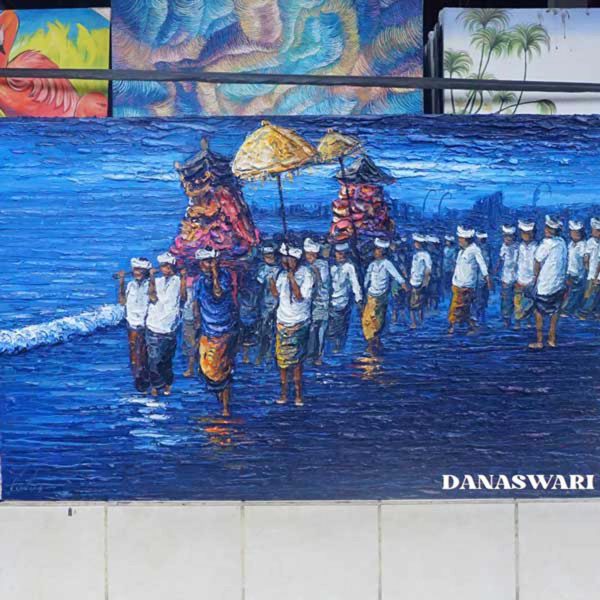 Purity flows from the sea, uniting nature and the soul in eternal harmony. A spiritual offering painted through colors and lines. The Melasti painting portrays a sacred Hindu Balinese procession performed before Nyepi Day. In this tradition, devotees bring sacred objects (pratima) to the ocean for purification. Journey to Purity Painting-DSW4-1341