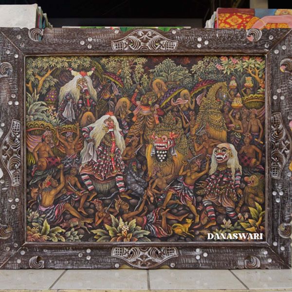 Transform your space with this stunning Balinese Barong and Rangda painting. Handcrafted by skilled artisans, this intricate piece captures the essence of traditional Balinese artistry. The Barong symbolizes good forces, while the Rangda represents evil - creating a dynamic and symbolic artwork that will surely catch the eye of anyone who enters the room. Add a touch of cultural flair to your home decor with this captivating Balinese painting. Balinese Barong and Rangda Painting-DSW4-1261