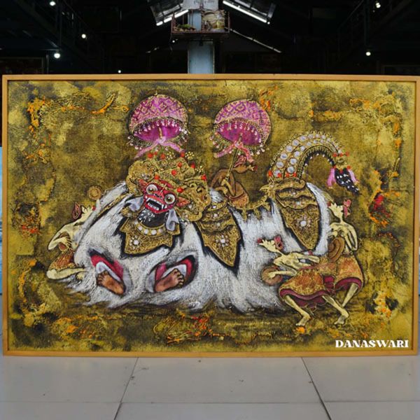 Immerse yourself in the mystical world of Balinese culture with this exquisite Balinese Barong Painting. With intricate details and vibrant colors, this hand-painted artwork captures the essence of traditional Balinese folklore. The Barong, a mythical creature symbolizing good fortune and protection, is beautifully portrayed in this piece, making it a unique and eye-catching addition to your home decor. Display this Balinese Barong Painting proudly in your living room, bedroom, or office to bring a touch of Bali's rich artistic heritage into your space. A perfect blend of spirituality and artistry, this painting is sure to mesmerize any admirer and make a meaningful gift for art enthusiasts and culture lovers alike. Balinese Barong Painting-DSW4-1241