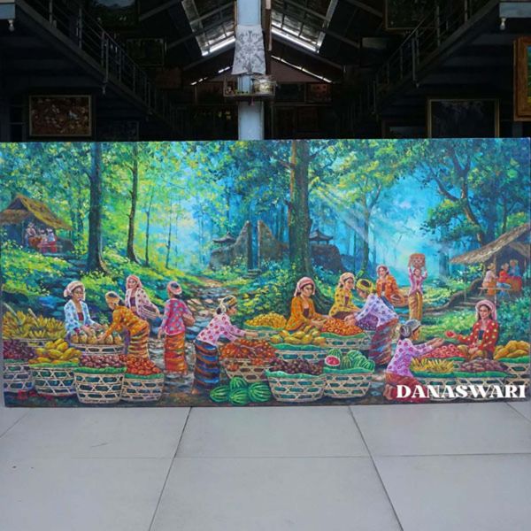 This painting symbolizes the balance between humans and nature. A fruit market in the middle of the forest represents a life that coexists with the environment, where the Earth's bounty is shared without harming the ecosystem. The vibrant colors of the fruits contrast with the lush greenery, reflecting abundance and the diversity of life. Agricultural Painting-DSW4-1325