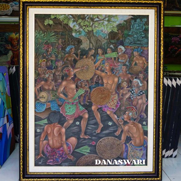 The traditional Balinese painting of Perang Pandan ( mekare-kare ) depicts a unique ritual from Tenganan village in Karangasem, held to honor Indra, the god of war. This artwork symbolizes bravery, brotherhood, and sacrifice, reflecting the deep cultural values of the Bali Aga community that have been preserved through generations. Mekare - Kare Painting-DSW4-1333