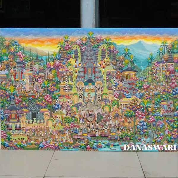 The painting “Taksu Nusantara” depicts Balinese life and traditions in great detail, featuring traditional ceremonies, dances, and the interaction of Balinese people with nature. Using the acrylic on canvas technique, this painting combines bright colors and elements of Balinese culture, reflecting spiritual power or Taksu. Taksu Nusantara Painting-DSW4-1358