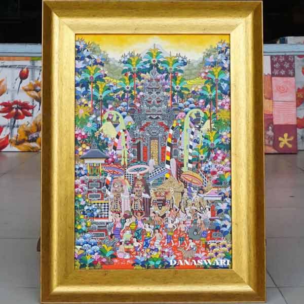 Harmony of Bali is an acrylic painting on canvas that radiates the rich culture of Bali through its intricate details. The composition is filled with bright colors typical of traditional Balinese style, featuring temples with delicate carvings, gracefully towering penjor, and the festive atmosphere of traditional ceremonies. Harmony of Bali Painting-DSW4-2507