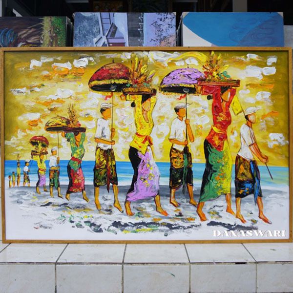 Immerse yourself in the enchanting beauty of Balinese culture with this exquisite Balinese Melasti Painting. Handcrafted with meticulous attention to detail, this stunning piece captures the essence of traditional Balinese artistry. The vibrant colors and intricate motifs evoke a sense of serenity and tranquility, making it a perfect addition to any home or office space. Display this Balinese Melasti Painting as a unique and captivating focal point, sure to spark conversations and admiration from all who behold its beauty. Bring a touch of Bali into your life with this one-of-a-kind masterpiece. Balinese Melasti Painting-DSW4-1263