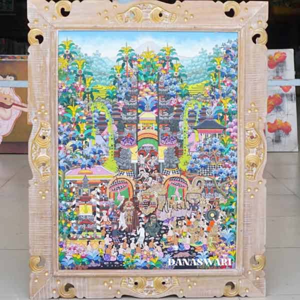 The painting Harmony of Bali depicts the beauty of Bali's nature and culture, harmoniously blended in bright colors typical of acrylic paint. Using layering techniques and expressive details, this work features traditional elements such as Balinese dance and temples set amid a tropical landscape. Through a combination of warm colors and balanced composition, this painting evokes a peaceful atmosphere and a strong spiritual spirit, reflecting the harmony between humans, nature, and culture on the Island of the Gods. Harmony of Bali Painting-DWS4-1347